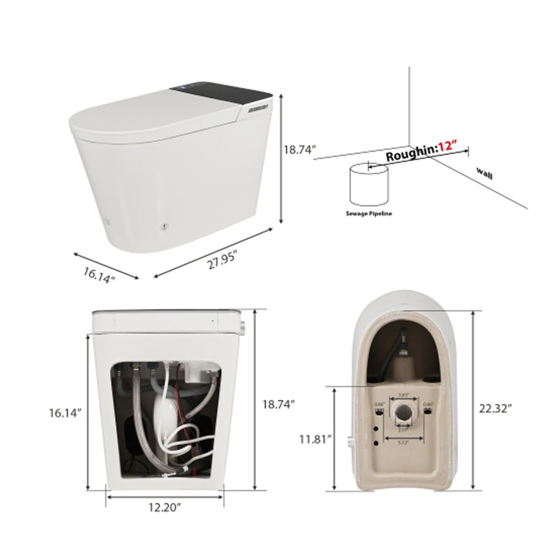 Toilette intelligente sans réservoir avec bidet intégré, ouverture et fermeture automatiques, bidet plus large avec siège chauffant, eau chaude et sèche, capteur de pied, affichage à DEL, télécommande, blanc