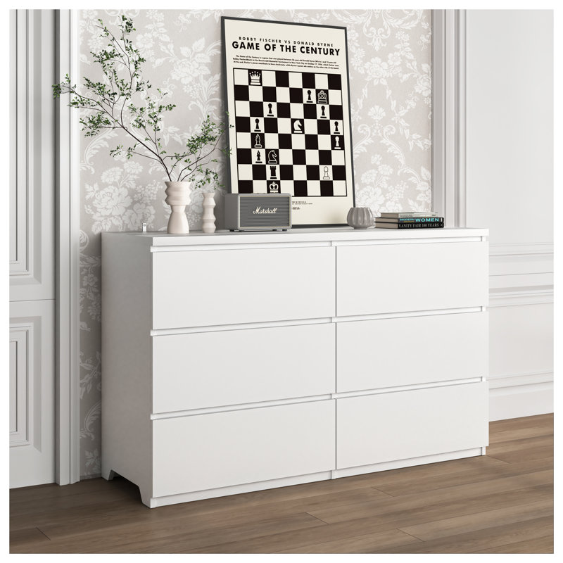 Commode 6 tiroirs - Armoire de rangement moderne en bois blanc avec design sans poignée pour l'organisation de la chambre à coucher, du couloir et du salon