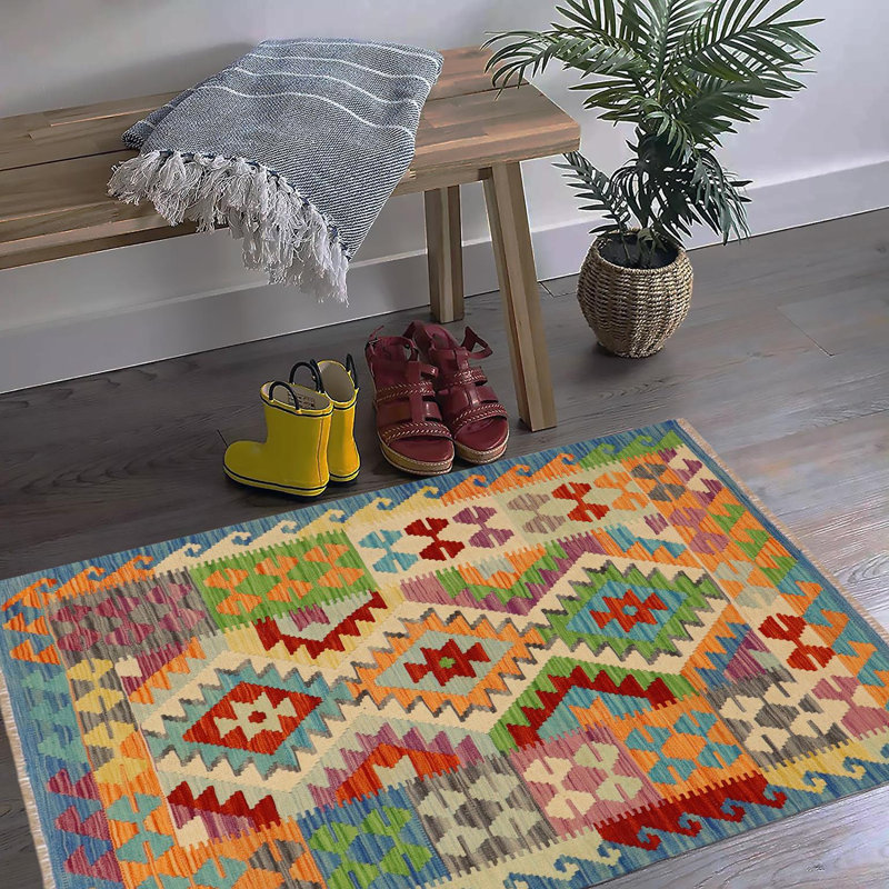 Tapis bleu / rouille / gris / beige en laine noué à la main Kaukauna