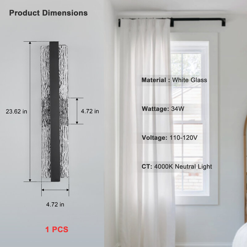 LED Dimmable Wall sconces with Water Corrugated Glass Wall Lamp, Matte Black, 23.62" H x 4.72" W x 3.94" D