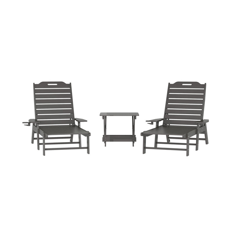 Merlene 3Pc Commercial Indoor And Outdoor Adirondack Set With 2 Loungers, Side Table, Gray