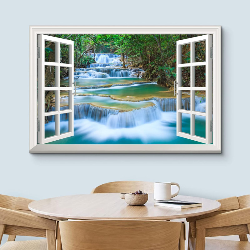 Fenêtre, paysage, cascade de rivière, chute d'eau dans la forêt - impression sur toile tendue, H 32 po x l 48 po