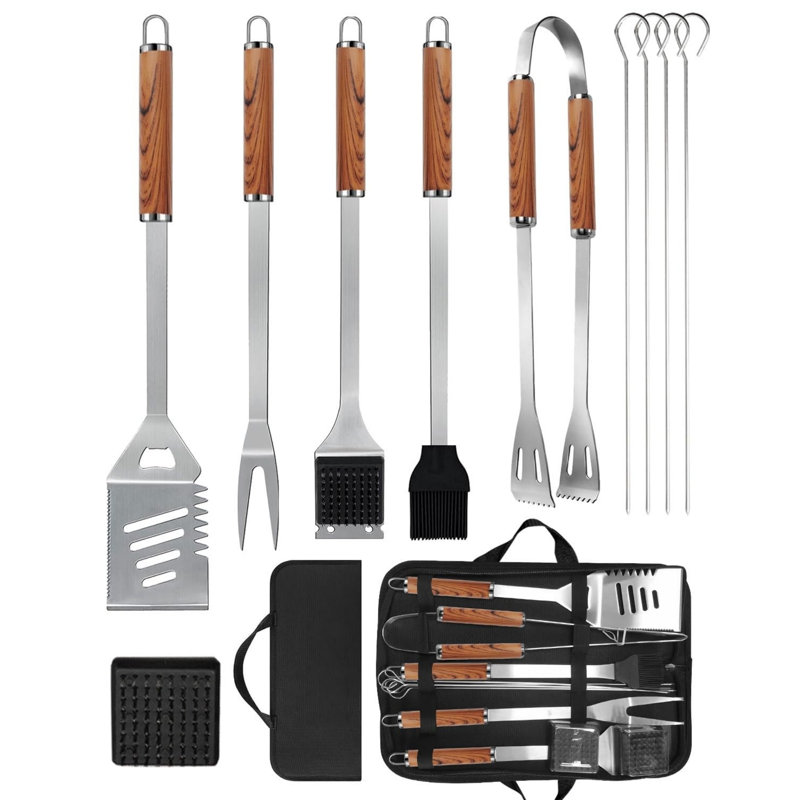 11PCS Stainless Steel BBQ Tool Set | Ergonomic Wood Handle Grill Accessories for BBQ & Camping Gifts