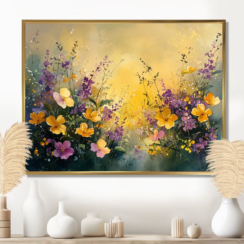 Ireneo Golden Wildflowers Greenish Horizons I - fleurs sauvages, art mural, H 30 po x l 40 po, Impression encadrée flottante