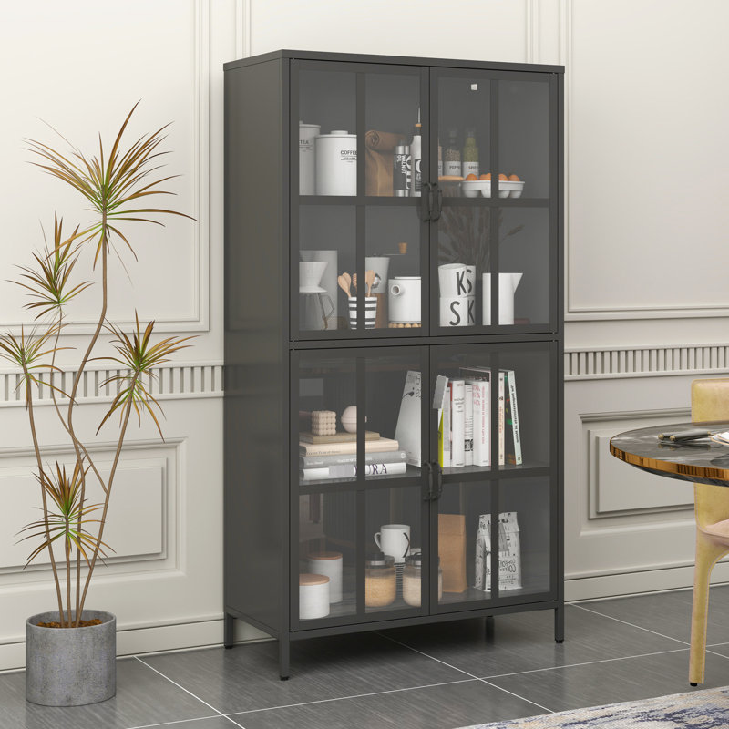Metal Storage Cabinet With Tempered Glass Doors, Stable, For Bedroom Use Antique Finish, Spacious Shelves, Stable Dining Rooms