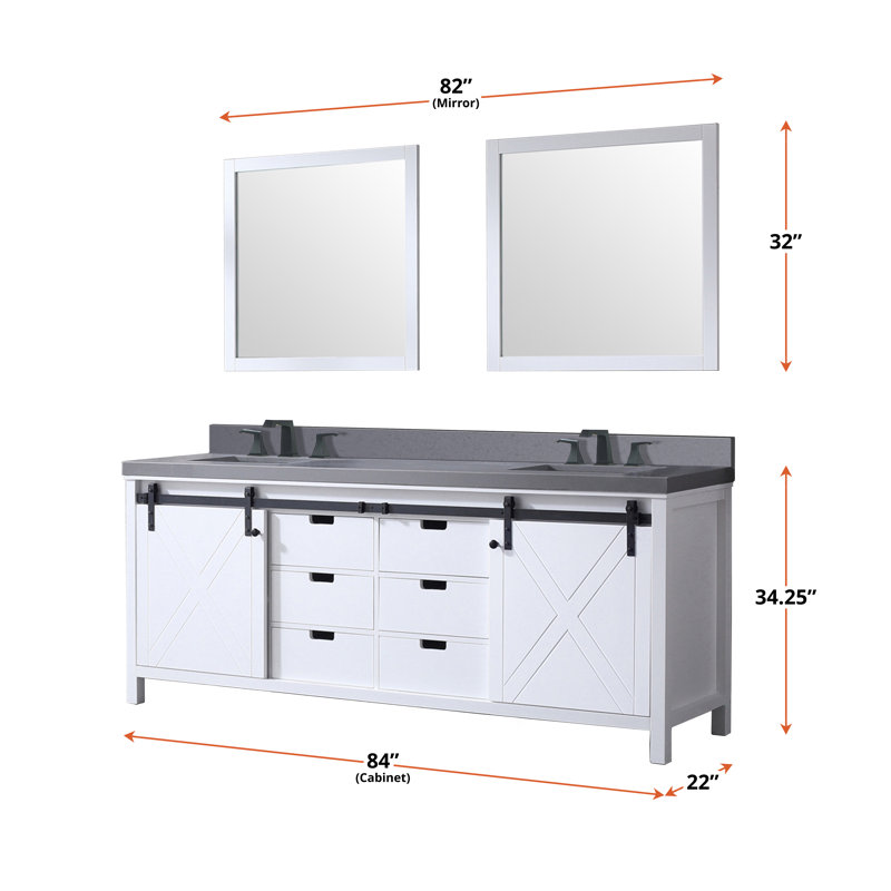Ensemble de meuble-lavabo double 84 po avec miroir Marsyas, Quartz gris, Blanc