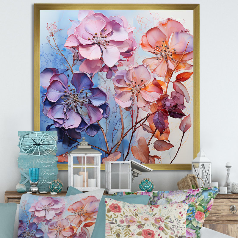Hydrangées bleues et bleues - reproduction sur toile, H 36 po x l 36 po x P 1,5 po, Cadre doré simple