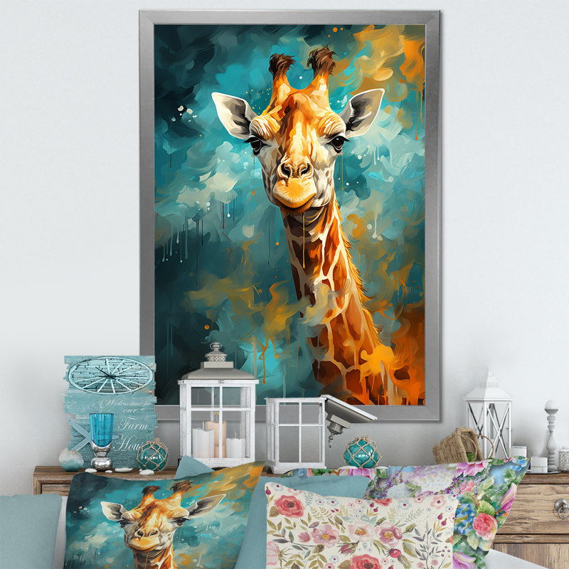 Pop art, portrait de girafe IV sur toile, Cadre simple argenté, H 32 po x l 24 po x P 1 po
