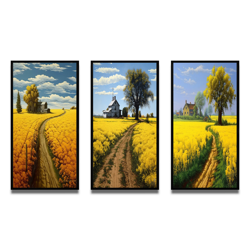 «Countryside Farm Road Through Spring Fields», 3 pièces sur toile, Cadre noir, H 36 po x l 20 po