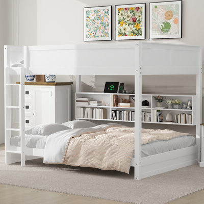 Lit superposé grand sur grand avec armoires de rangement et ports USB