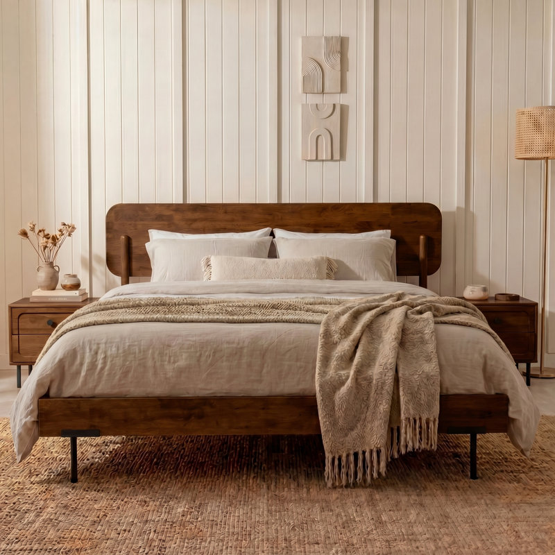 King Scandinavian Solid Wood Platform Bed with Headboard, 800 lbs Capacity, Non-Slip Noise-Free, Quick Assembly, Walnut, King