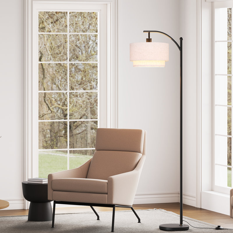 62.8“ Double Linen Drum Lampshade Arc Floor Lamp, Black