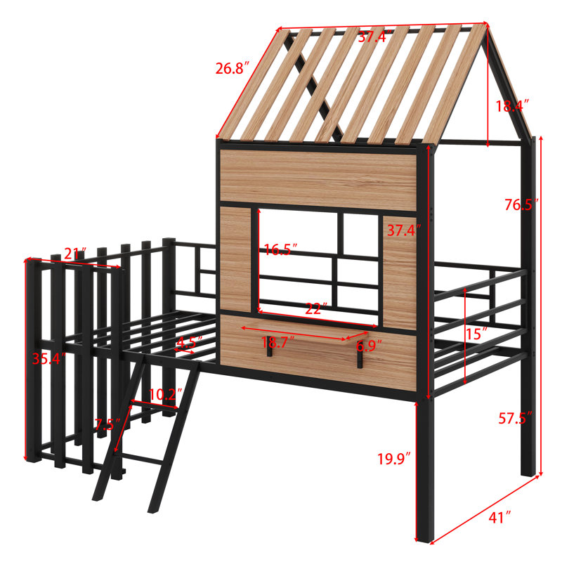 Lit mezzanine en métal avec toit, fenêtre, garde-corps et échelle