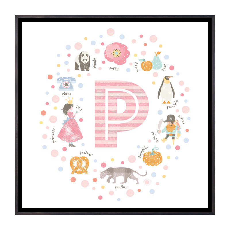 Lettre illustrée P rose - impression, H 37 po x l 37 po x P 1,5 po, Toile avec cadre noir patiné, Pas de tapis