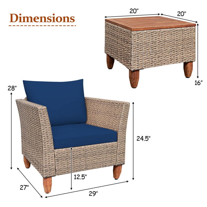 Bjana 2 - Person Acacia Patio Conversation Set with Cushions, Navy, Mix Brown