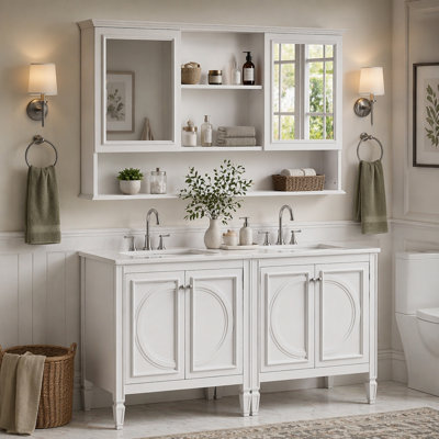 Ensemble de meuble-lavabo à double cuve 60 "avec armoire à pharmacie murale assortie, portes à panneau rond surélevé rétro et pieds fuselés, charnières à fermeture douce, tablettes de rangement réglables