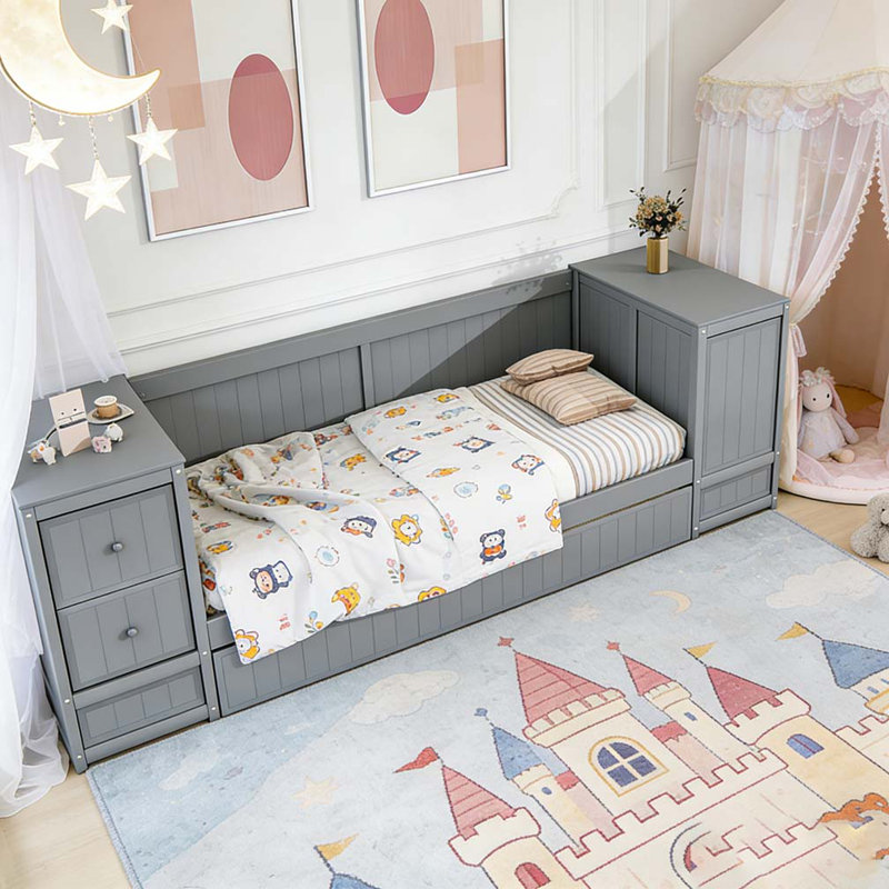 Lit de jour simple avec accoudoirs de rangement, lit gigogne et station de charge, Gris