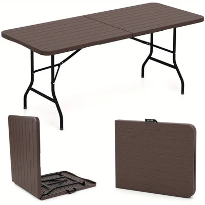 6 Ft Portable Folding Table, 350 LBS Fold-In-Half Table W/ Wood Grain HDPE Tabletop, Safe Lock Mechanism, Outdoor Folding Dining Table W/ Carrying Handle For Party, Picnic, Camping