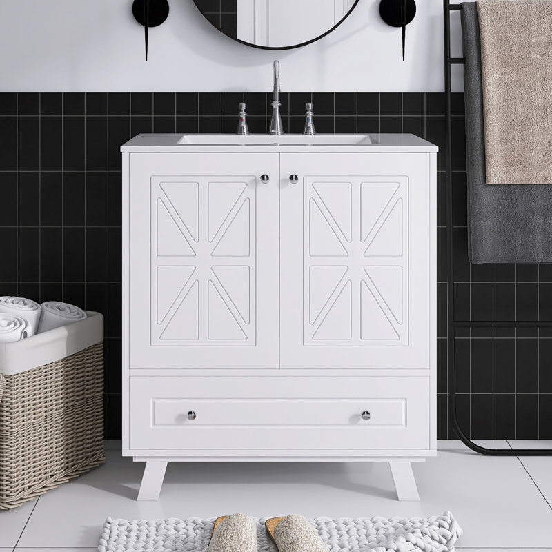 White MDF Single Sink Freestanding Bath Vanity with Ceramic Top