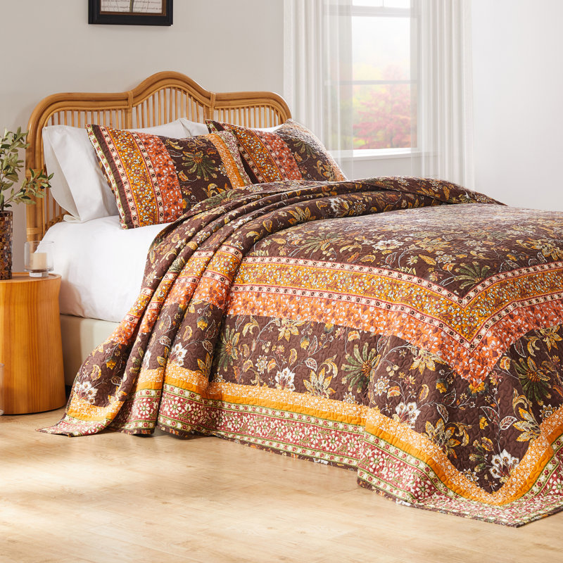 Greenland Home Fashions Audrey Chocolate 3-Piece Bedspread Set 120"x118" King Size Microfiber Jacobean Floral with 2 King Shams