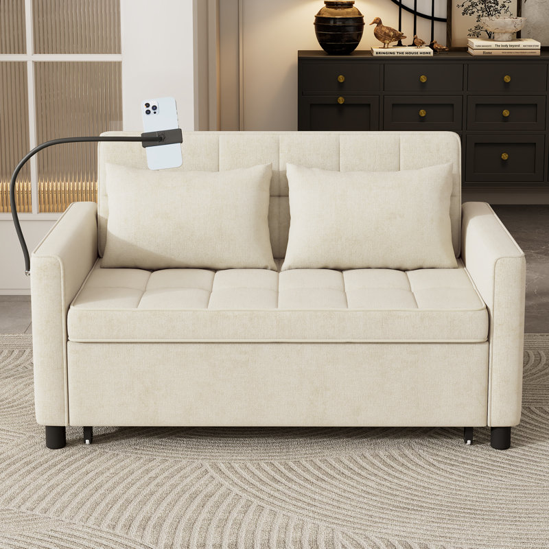 57" Convertible Loveseat Sofa, Pull-out Sofa Bed with Reversible Backrest Cushion & USB Ports for Living Room, Beige