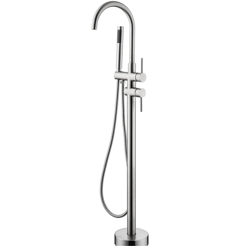 Brushed Nickel Tub Filler With Handheld Shower, 360 Degree Rotatable Spout, Floor Mounted, Long-Lasting And Charming Faucet Freestanding In Nickel, Swivel Mounted Stylish Fixture
