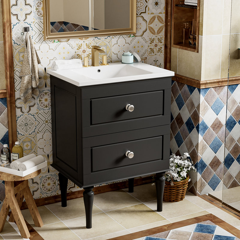 Ensemble de meuble-lavabo 24 po avec lavabo en céramique, armoire de rangement moderne avec 2 tiroirs, cadre en bois massif, noir