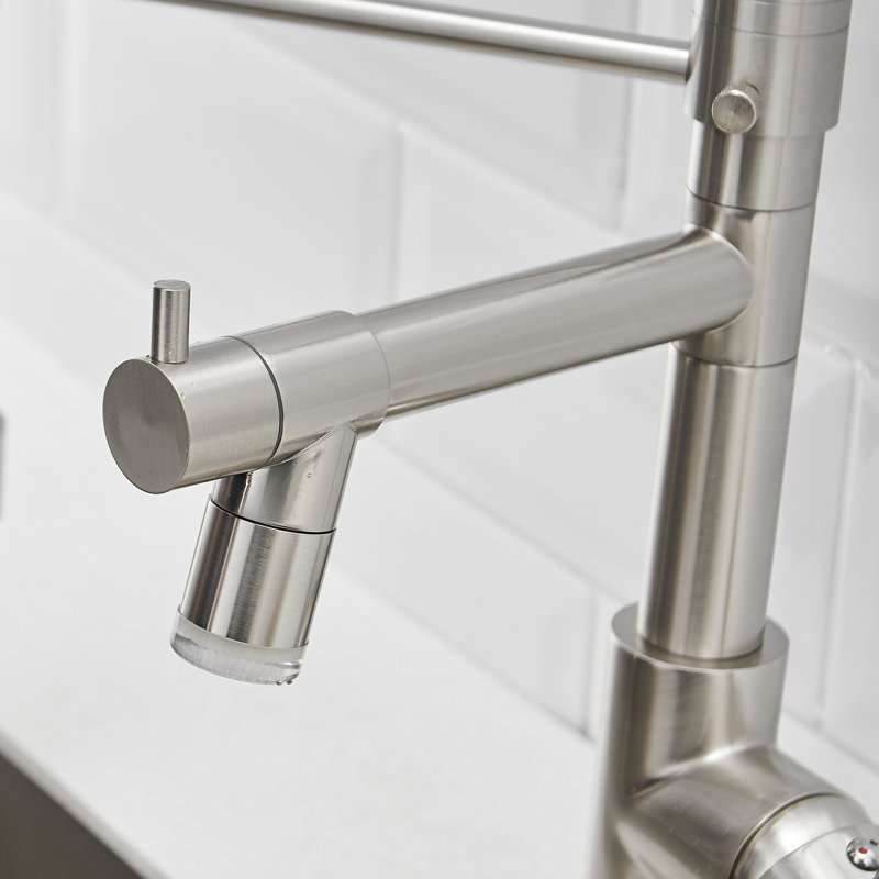 Robinet de cuisine moderne à DEL avec bec rétractable, nickel brossé, poignée à levier unique, rotation à 360 degrés, robinet contemporain à deux réglages, jet et robinet rotatif rétractable en nickel