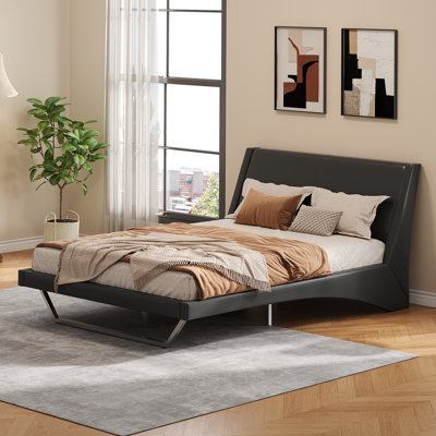 Upholstered Bed Frame, Pu Leather Platform Bed with Wave-Like Curve Design and Trapezoidal-Shaped Leg