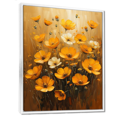 Reproduction d'art sur fond orange, bouton d'or et noir «Meadow Bliss I»