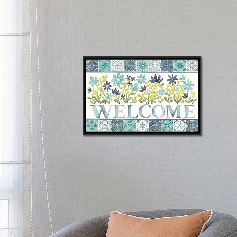 «Garden Getaway Welcome», impression sur toile, H 18 po x l 26 po x P 1,5 po, Toile avec cadre noir, Pas de tapis