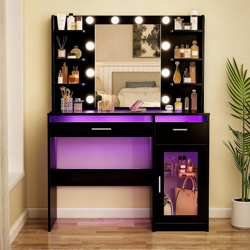 Bureau de maquillage avec lumières, bureau transparent, prise de courant, Noir