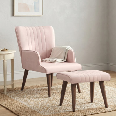 Marc Tufted Linen / Velvet Upholstered Lounge Chair and Ottoman with Wooden Legs