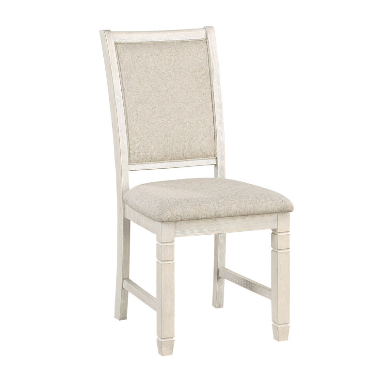 Antique White Finish Wooden Side Chairs 2Pcs Set Textured Fabric Upholstered Dining Chairs