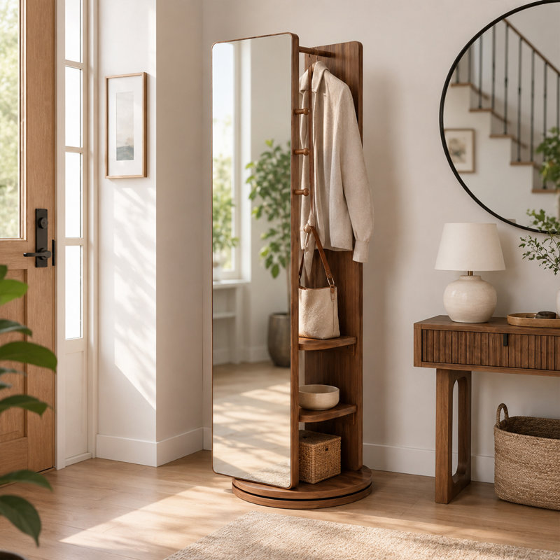  Miroir moderne en bois d'hévéa avec portemanteau et rangement
