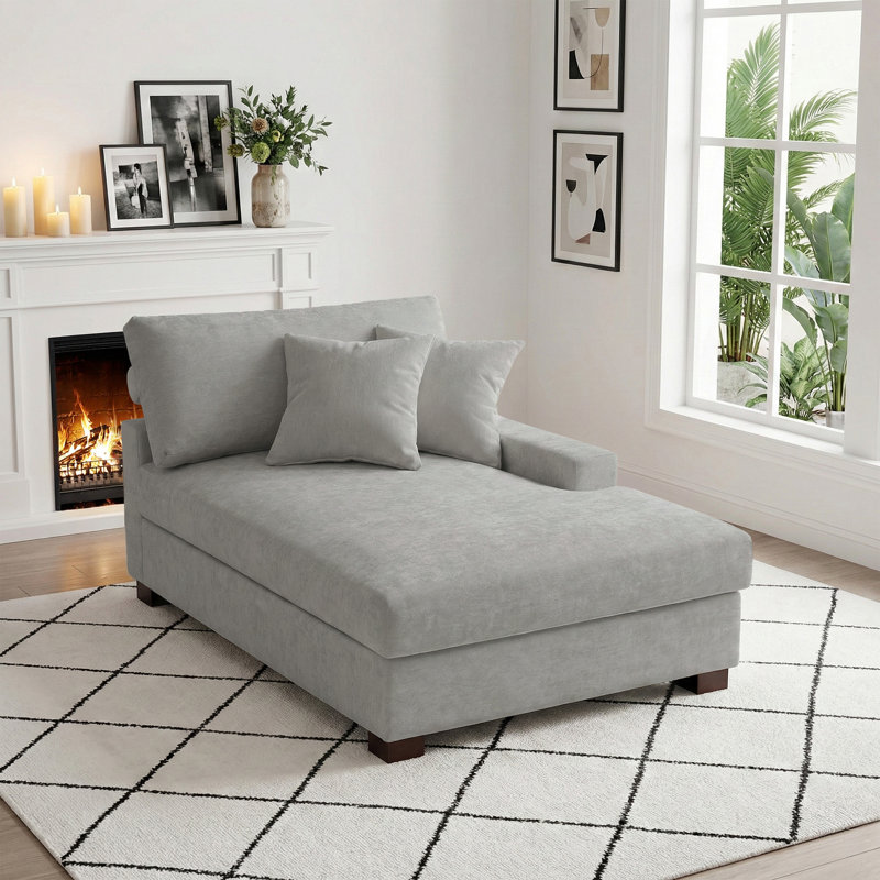Milbrey Oversized Upholstered Chaise Lounge with Armrests & Throw Pillows, Gray, Right Hand Facing, Chenille