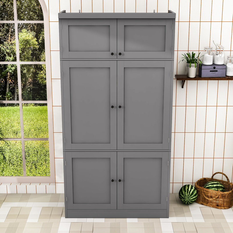 Grand garde-manger autoportant avec rangement de style Shaker, tablettes réglables et 2 prises de courant, Gris
