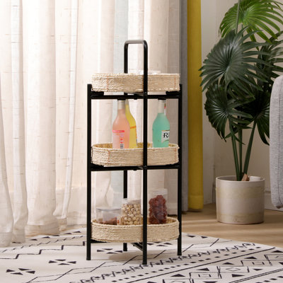 Three-tier Handwoven Side Table With Metal Frame And Detachable Trays - Ideal For Living Room, Kitchen, And Multi-room Use