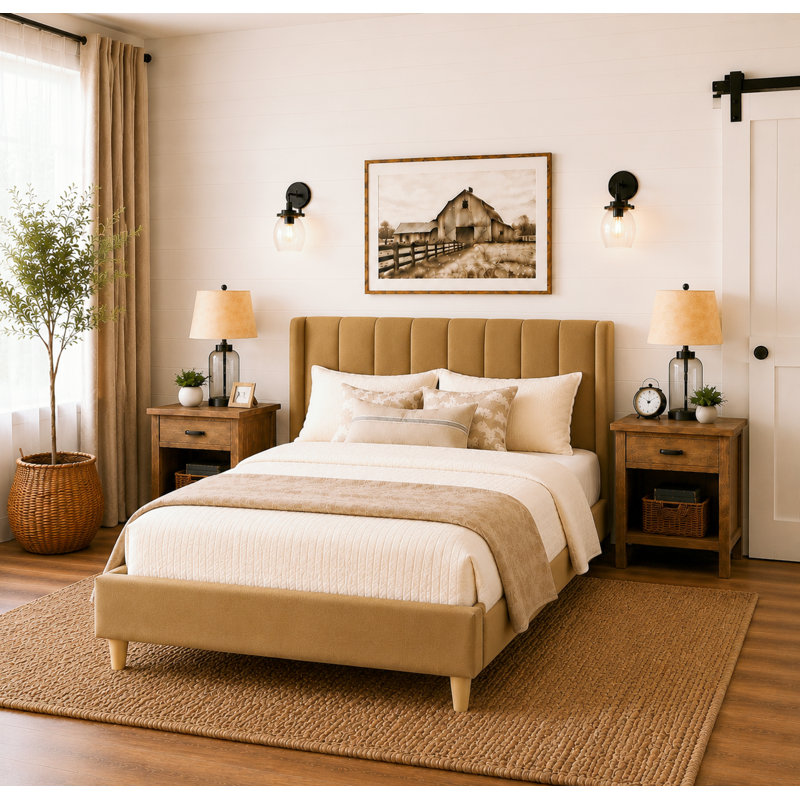 Eriksay Low Profile Upholstered Platform Bed with Wingback Headboard, Full, Pale Gold Velvet