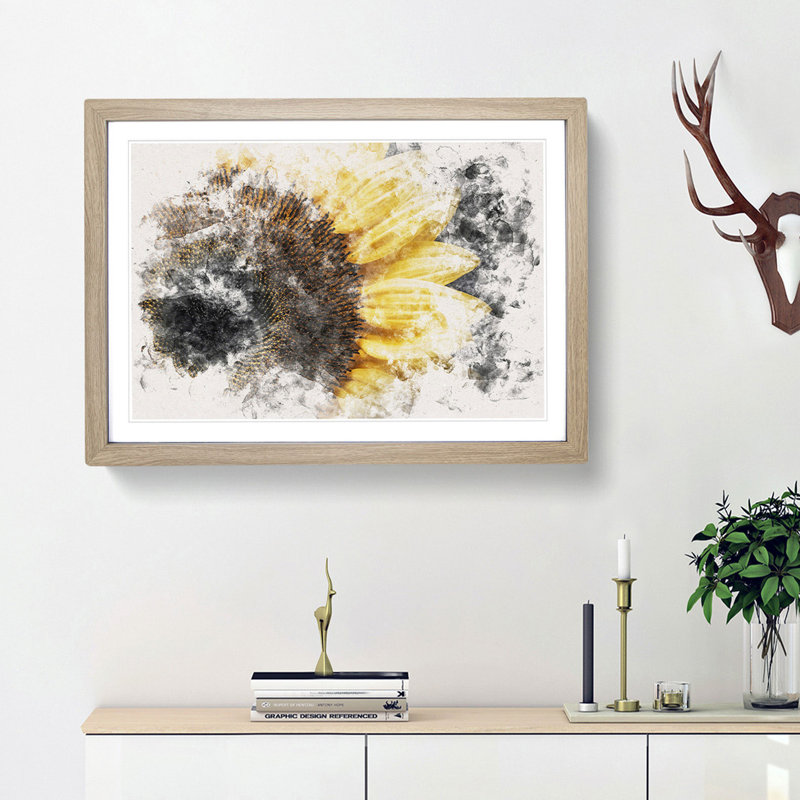 Yellow Sunflower Rising - Single Picture Frame Print on MDF, Oak, 45cm H x 63cm W x 2cm D