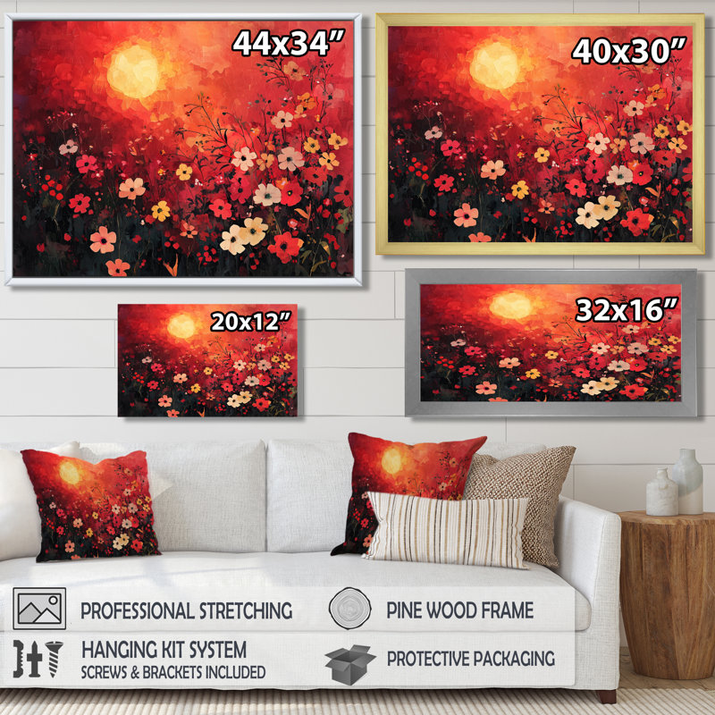 Isabeya Red Sunset Wildflowers Glory III - Art mural fleurs sauvages, Reproduction encadrée d'une seule photo, Noir