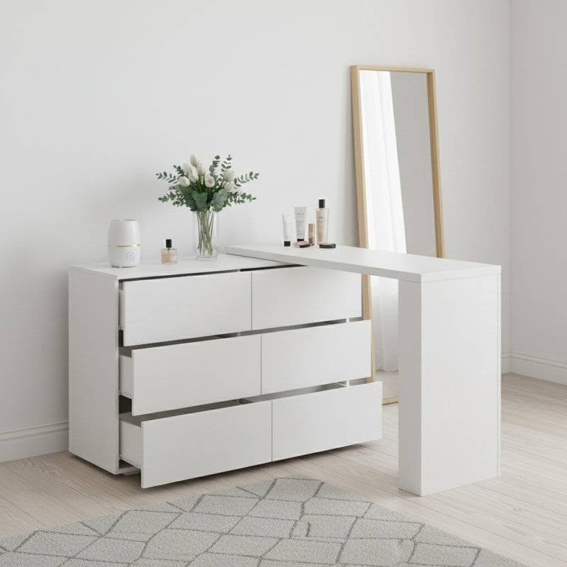 Table multifonctionnelle blanche de 47,2 po avec 6 tiroirs, bureau amovible et 3 compartiments de rangement
