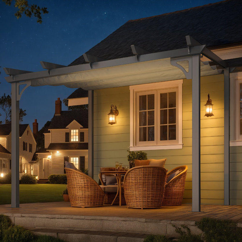 Retractable Pergola With Adjustable Sun Shade Canopy Roof, 99" H x 117.6" W x 104.4" D