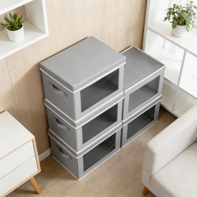 Stackable Storage Bins With Lids And Clear View Window - Foldable Fabric Organizer Boxes For Closet, Wardrobe, And Home Organization, 5-Pack