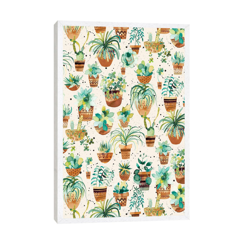 Home Succulent Plant Pots Cream - Painting on Canvas, 152.4cm H x 101.6cm W x 3.81cm D, White Framed
