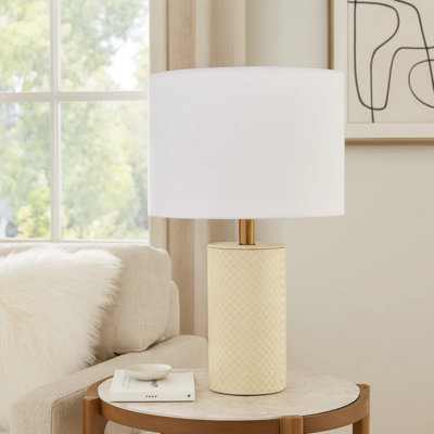 Myn Table Lamp, 18 Inch, White Linen Drum Shade, Leather Base
