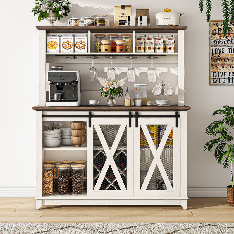 47"W Farmhouse Coffee Bar Cabinet with 3 Storage Hutch, Wine Bar Cabinet with LED Light, Kitchen Buffet Cabinet w/Sliding Barn Door & 10 Wine And Glass Racks for Kitchen Dining Room