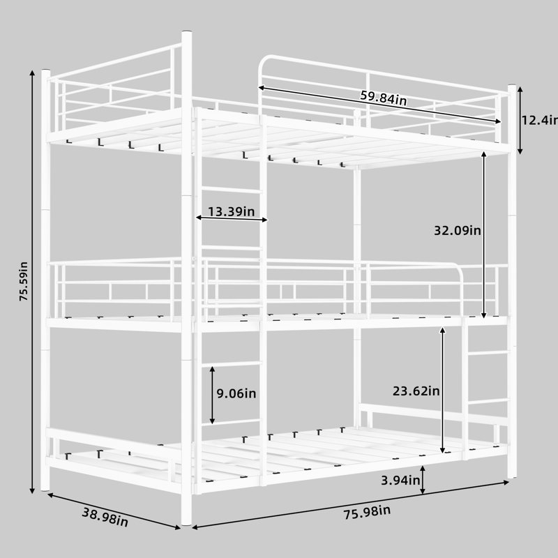 Structure de lit simple triple robuste avec caractéristiques intégrées, pour dortoir de chambre à coucher, blanc, sans ressorts, fer, lattes en métal avec garde-corps renforcés en continu à assemblage simple,
