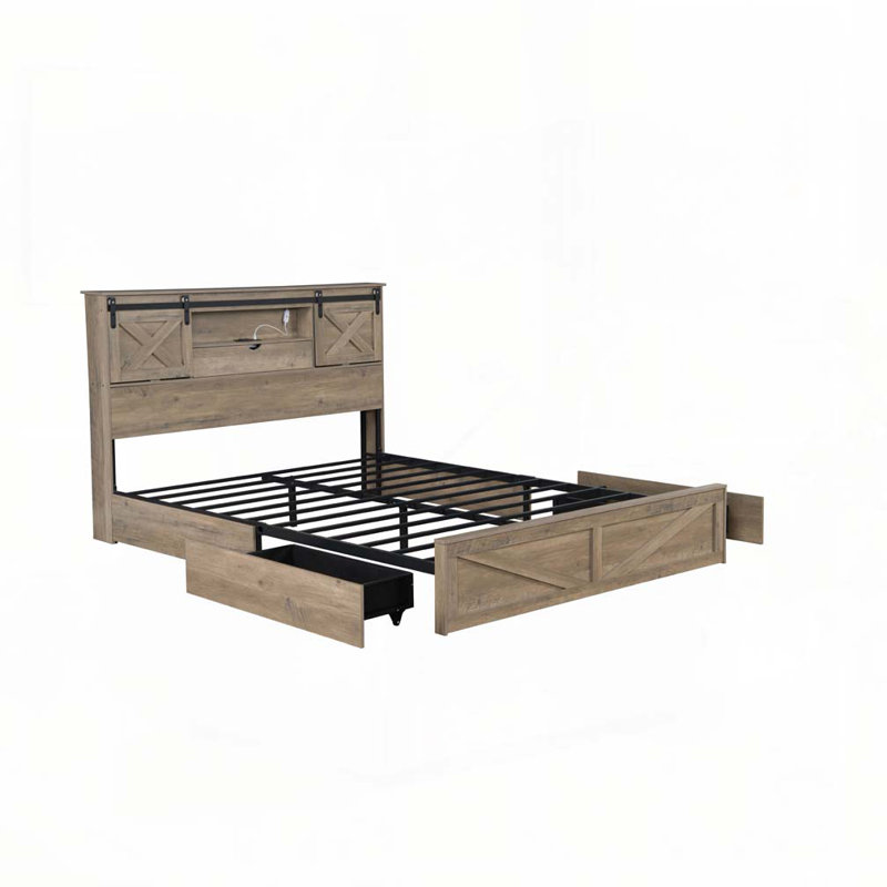 Farmhouse Storage Bed Frame with LED Lights and Charging Station,Drawers