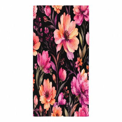 1Pcs Floral Beach Towel, featuring vibrant watercolor flowers in pink and orange hues on a black background. Large, soft, absorbent microfiber, perfect for outings, swimming, travel, unisex.